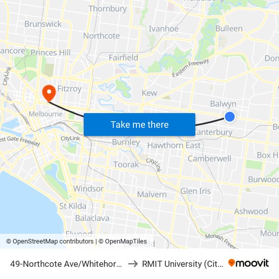 49-Northcote Ave/Whitehorse Rd (Balwyn) to RMIT University (City Campus) map