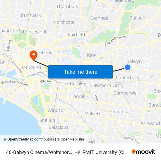 46-Balwyn Cinema/Whitehorse Rd (Balwyn) to RMIT University (City Campus) map