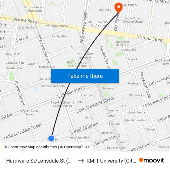 Hardware St/Lonsdale St (Melbourne City) to RMIT University (City Campus) map