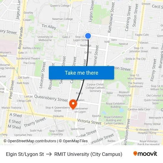 Elgin St/Lygon St to RMIT University (City Campus) map