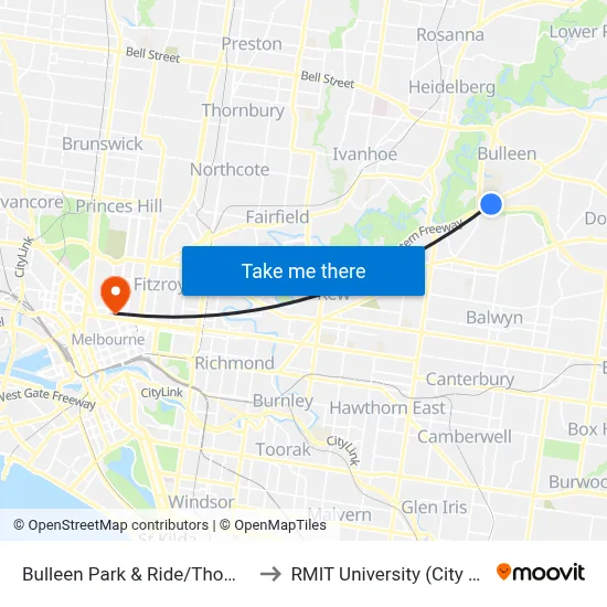 Bulleen Park & Ride/Thompsons Rd to RMIT University (City Campus) map