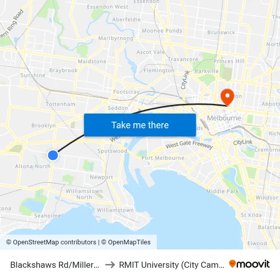 Blackshaws Rd/Millers Rd to RMIT University (City Campus) map