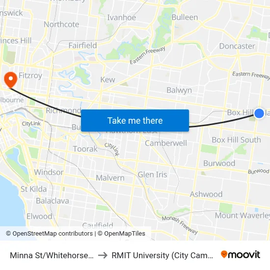Minna St/Whitehorse Rd to RMIT University (City Campus) map