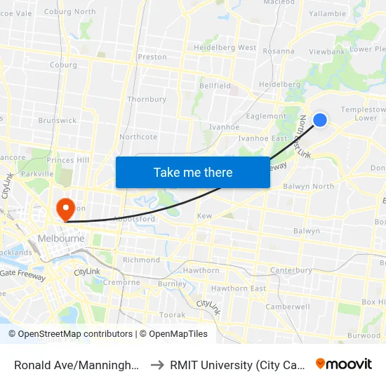 Ronald Ave/Manningham Rd to RMIT University (City Campus) map