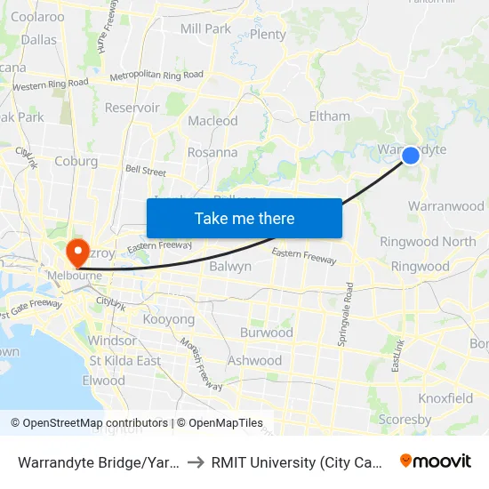 Warrandyte Bridge/Yarra St to RMIT University (City Campus) map