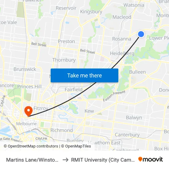 Martins Lane/Winston Rd to RMIT University (City Campus) map