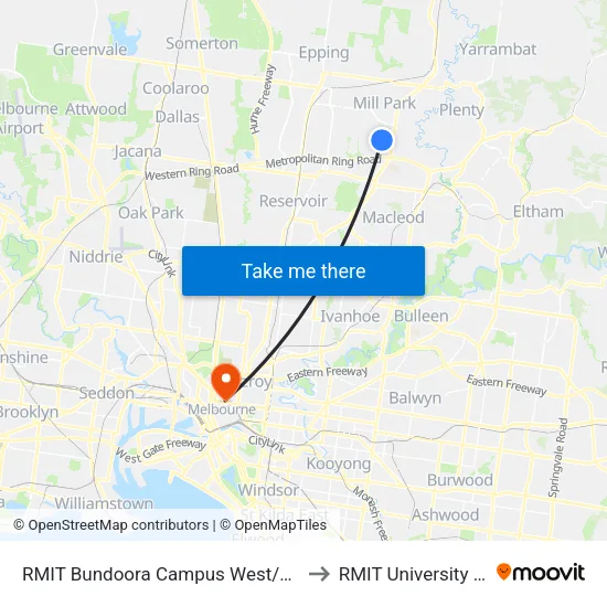 RMIT Bundoora Campus West/Mckimmies Rd to RMIT University (City Campus) map