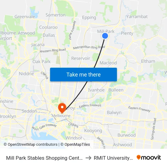 Mill Park Stables Shopping Centre/Redleap Ave to RMIT University (City Campus) map