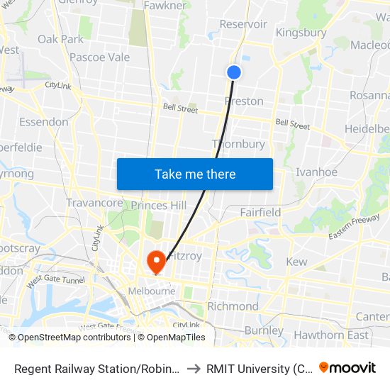 Regent Railway Station/Robinson Rd (Reservoir) to RMIT University (City Campus) map