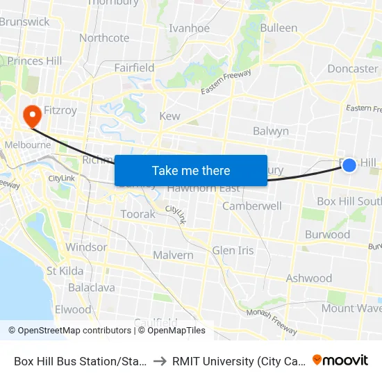 Box Hill Bus Station/Station St to RMIT University (City Campus) map