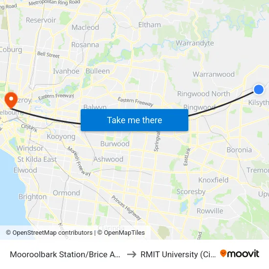 Mooroolbark Station/Brice Ave to RMIT University (City Campus) map