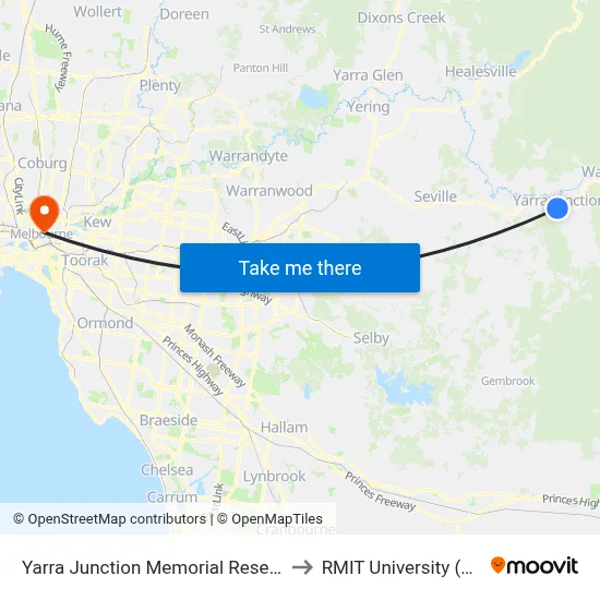 Yarra Junction Memorial Reserve/Warburton Hwy to RMIT University (City Campus) map