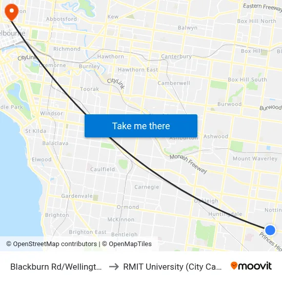 Blackburn Rd/Wellington Rd to RMIT University (City Campus) map