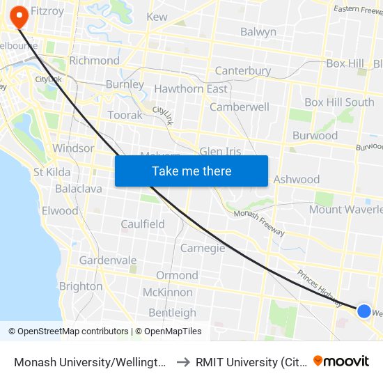 Monash University/Wellington Rd (Clayton) to RMIT University (City Campus) map