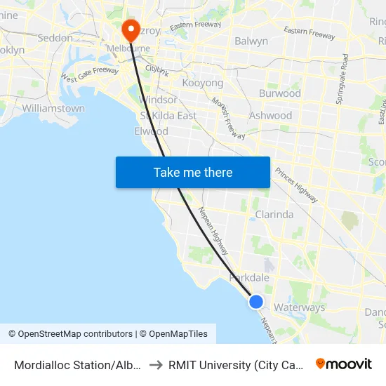 Mordialloc Station/Albert St to RMIT University (City Campus) map