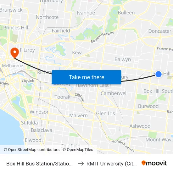 Box Hill Bus Station/Station St to RMIT University (City Campus) map