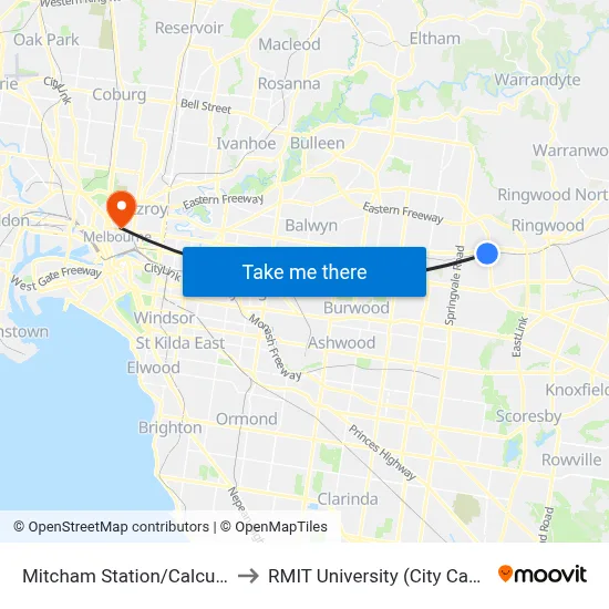 Mitcham Station/Calcutta St to RMIT University (City Campus) map