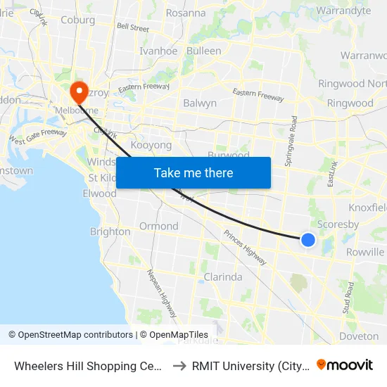 Wheelers Hill Shopping Centre/Jells Rd to RMIT University (City Campus) map