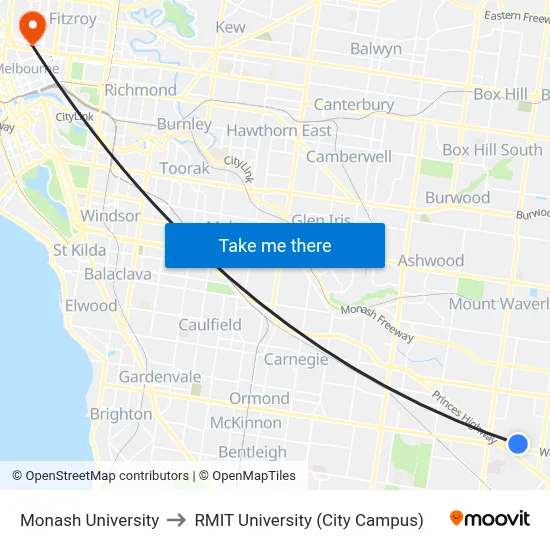 Monash University to RMIT University (City Campus) map