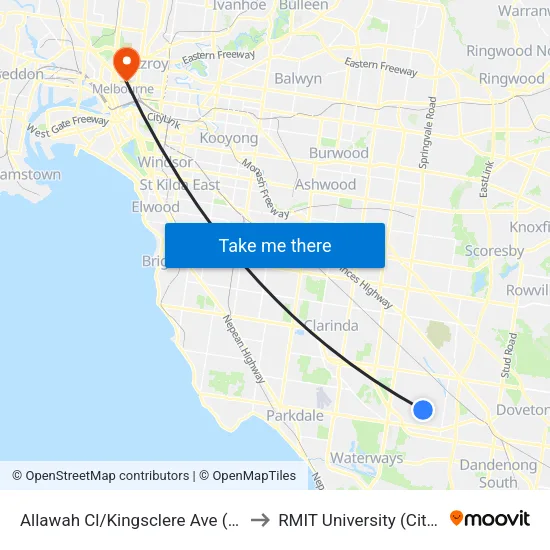 Allawah Cl/Kingsclere Ave to RMIT University (City Campus) map