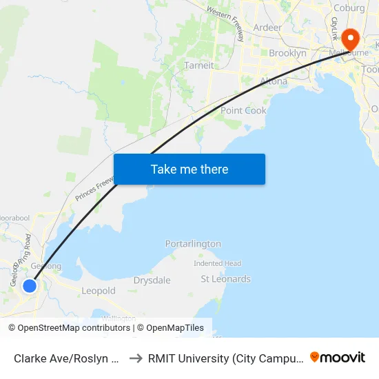 Clarke Ave/Roslyn Rd to RMIT University (City Campus) map