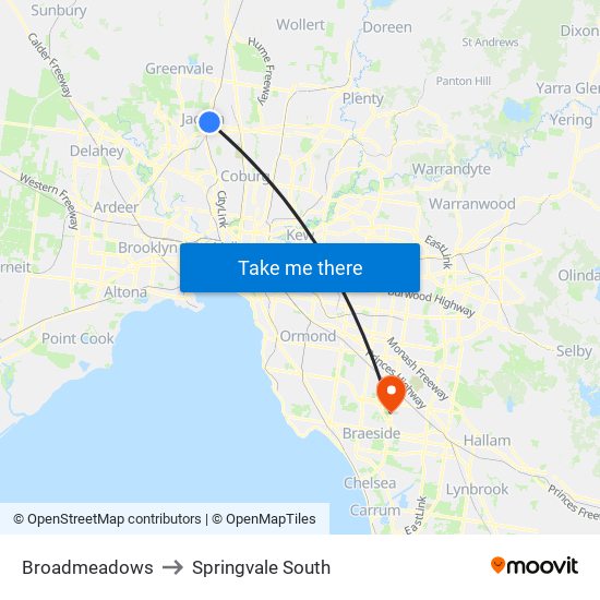 Broadmeadows to Springvale South map