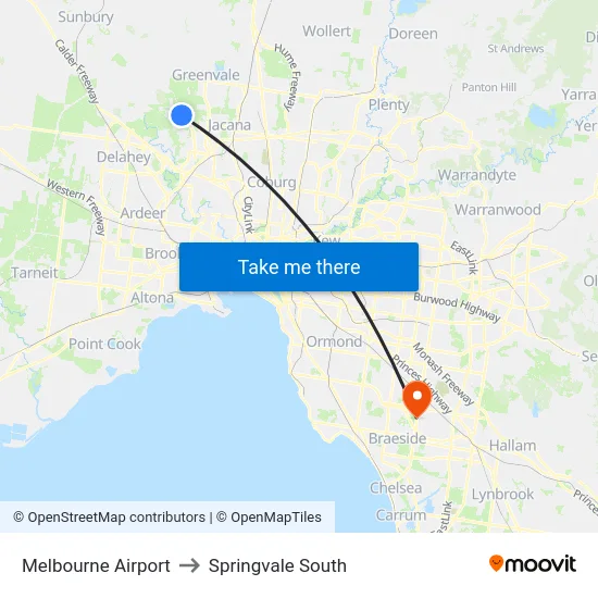 Melbourne Airport to Springvale South map