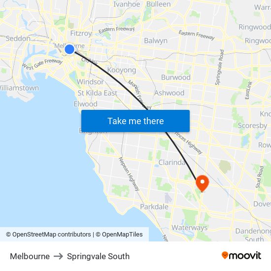 Melbourne to Springvale South map