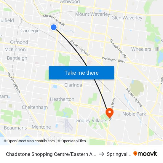 Chadstone Shopping Centre/Eastern Access Rd (Malvern East) to Springvale South map