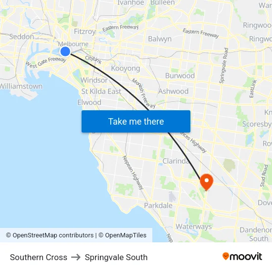 Southern Cross to Springvale South map