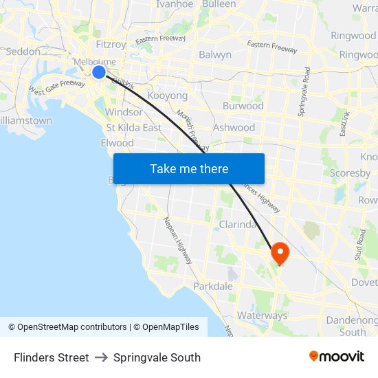 Flinders Street to Springvale South map