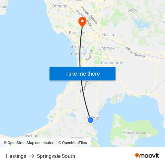 Hastings to Springvale South map