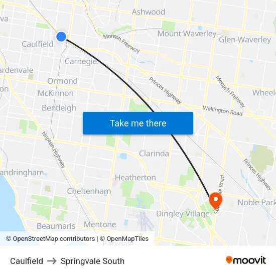 Caulfield to Springvale South map