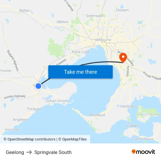 Geelong to Springvale South map