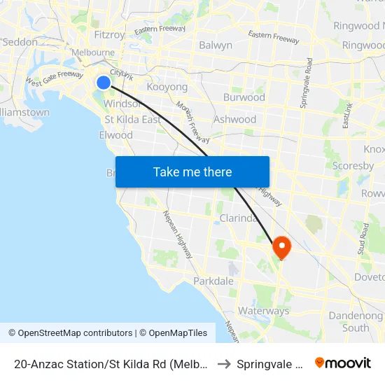 Anzac Station/St Kilda Rd #20 to Springvale South map