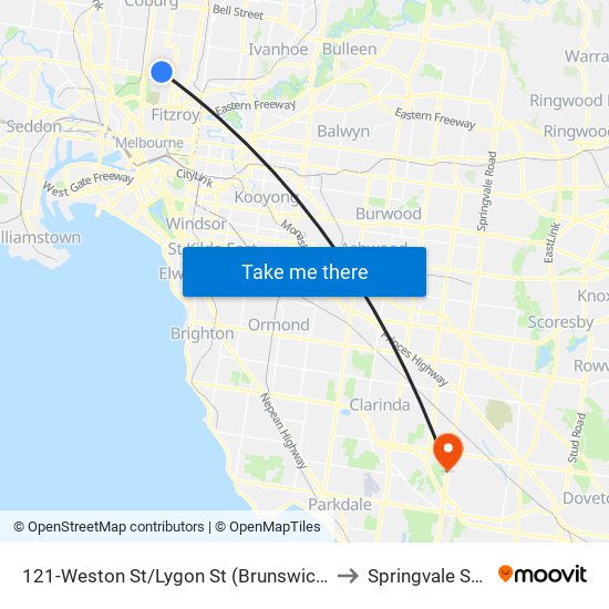 121-Weston St/Lygon St (Brunswick East) to Springvale South map