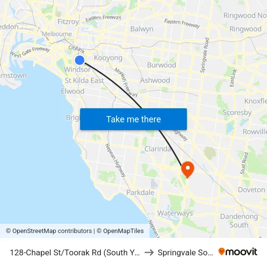 Chapel St/Toorak Rd #128 to Springvale South map