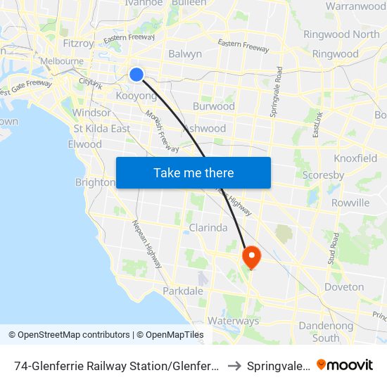 74-Glenferrie Railway Station/Glenferrie Rd (Hawthorn) to Springvale South map