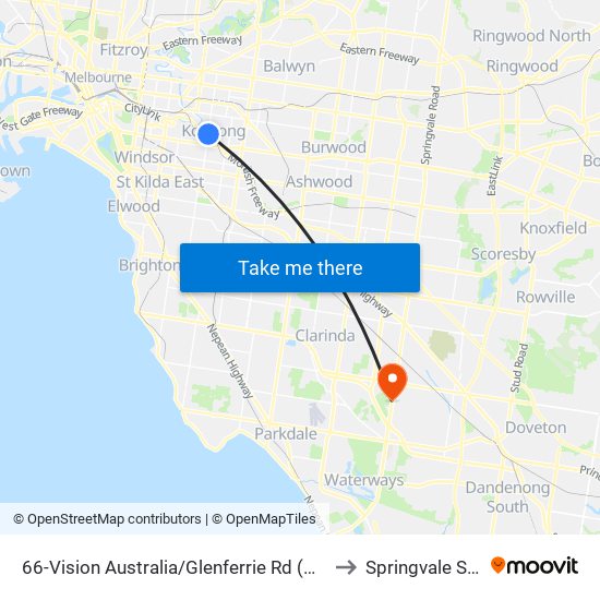 66-Vision Australia/Glenferrie Rd (Kooyong) to Springvale South map