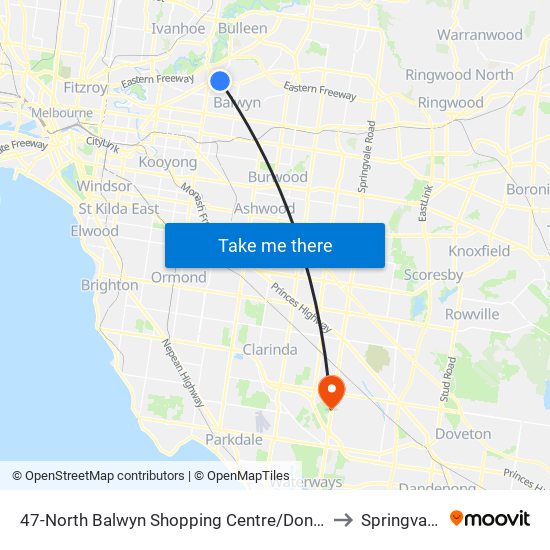 47-North Balwyn Shopping Centre/Doncaster Rd (Balwyn North) to Springvale South map