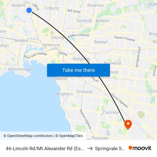 46-Lincoln Rd/Mt Alexander Rd (Essendon) to Springvale South map