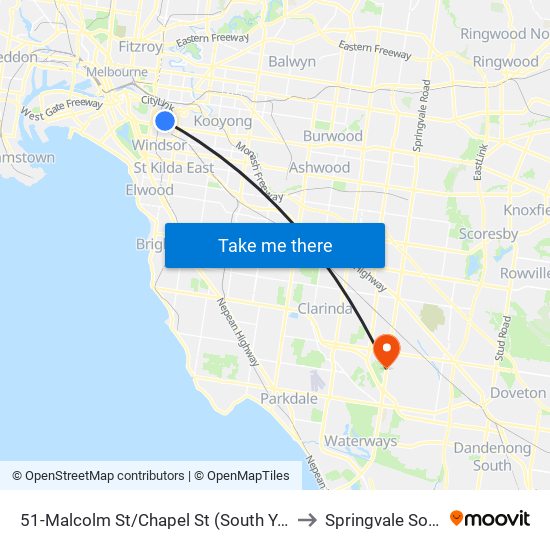 51-Malcolm St/Chapel St (South Yarra) to Springvale South map