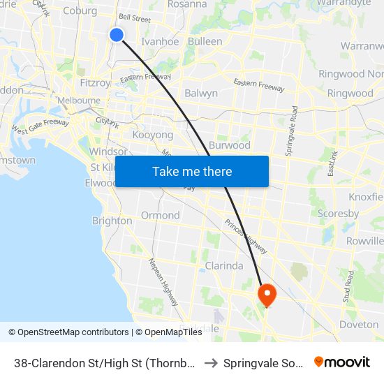 38-Clarendon St/High St (Thornbury) to Springvale South map