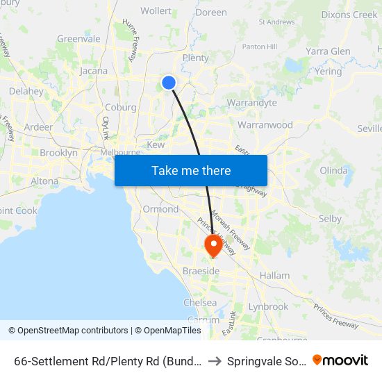 66-Settlement Rd/Plenty Rd (Bundoora) to Springvale South map