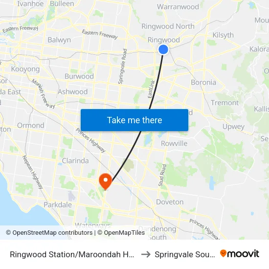 Ringwood Station/Maroondah Hwy to Springvale South map