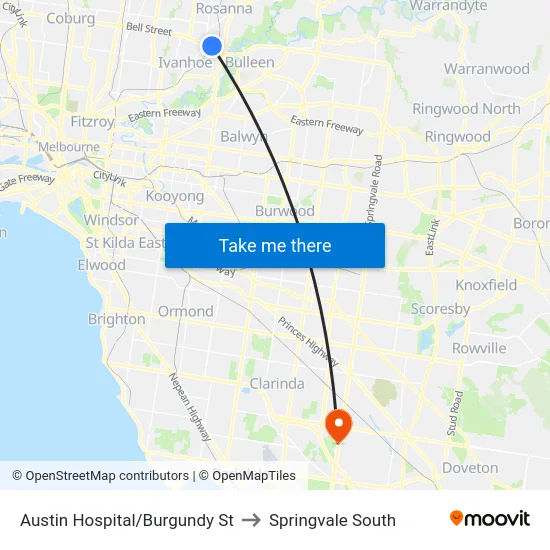 Austin Hospital/Burgundy St to Springvale South map