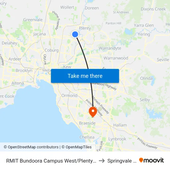 RMIT Bundoora Campus West/Plenty Rd to Springvale South map
