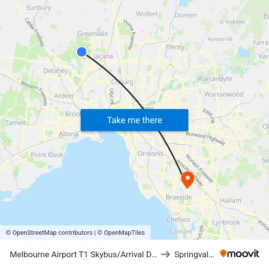 Melbourne Airport T1 Skybus/Arrival Dr to Springvale South map
