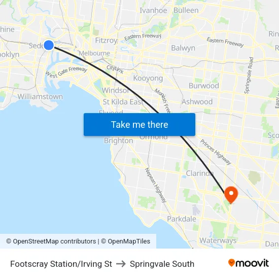 Footscray Station/Irving St to Springvale South map