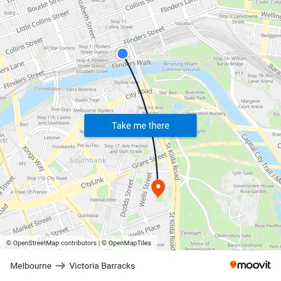 Melbourne to Victoria Barracks map